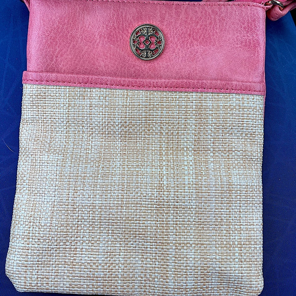 Purse crossbody tan and pink trim